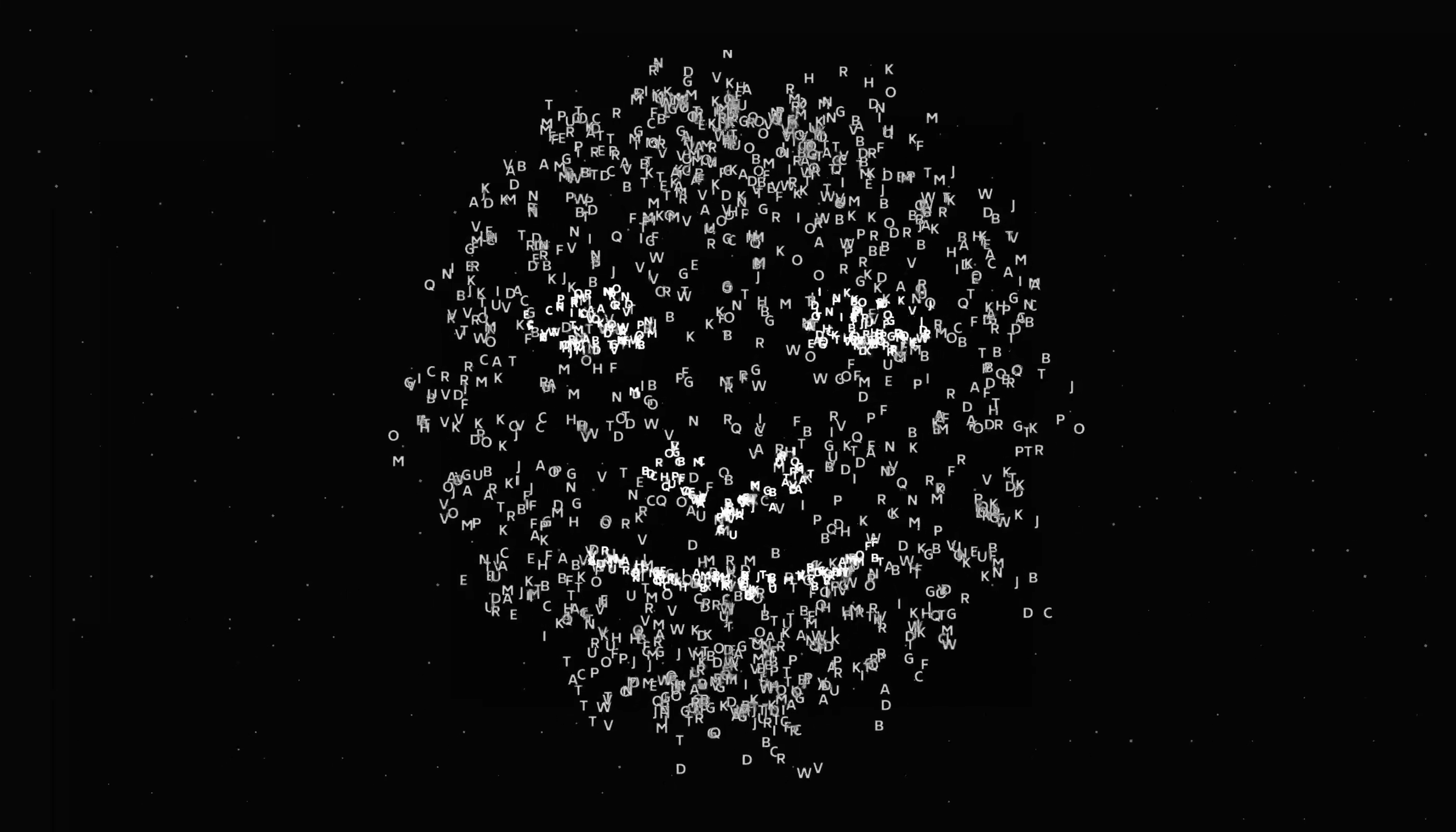 still-frame image of letters morphing into image of a face